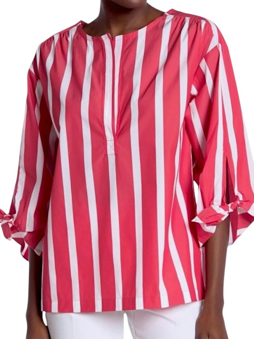 Trina Turk Bees Knees Striped Tie Sleeve Cotton Blend Blouse Women's Size L